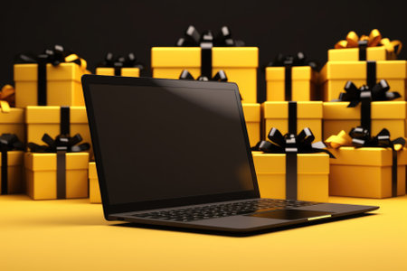 shopping of laptop with gift boxes and gold coins on a black background.の素材