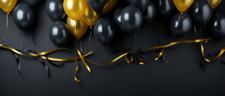 Black balloons with gold and silver confetti. birthday and party concept.の素材