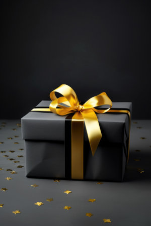 Golden gift box with bow on grey background. shopping.の素材