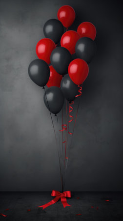Black heart shaped balloons with red ribbon and heart on grey background.の素材
