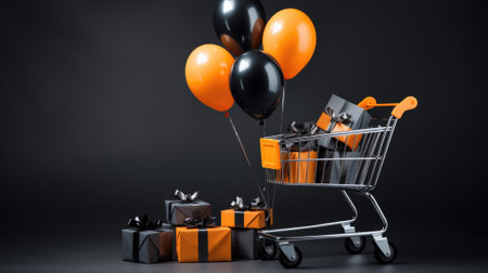 shopping. black shopping cart with balloons on a black background.の素材