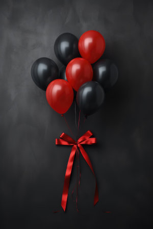 Red balloon with black ribbon. holiday concept, birthday and celebration, party, event, event or event.の素材
