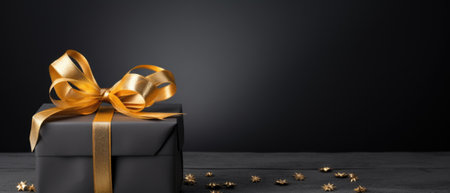 Christmas gift box with golden ribbon on black background.の素材