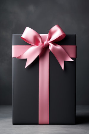 Gift box with pink ribbon bow on dark background.の素材