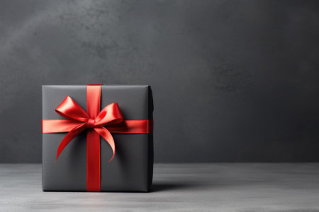 Gift box and red ribbon on dark stone background.の素材