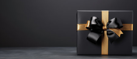 sale of a gift box with a ribbon bow on black. christmas background.の素材