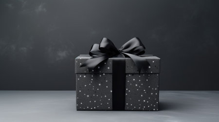 Black gift box with white christmas tree and silver ribbon on black background. holiday concept, christmas greeting card.の素材