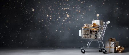 Shopping cart with christmas gift boxes decorations on gray background. Xmas shopping sale discounts, buying goods and presents for new year concept.の素材