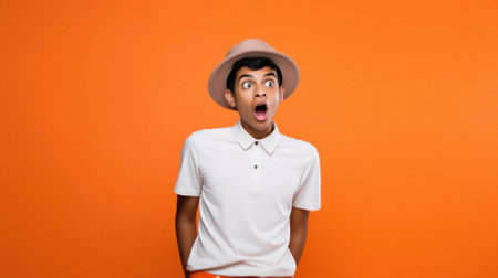 Young shocked man wearing casual clothes and hat and scared, amazed and mouth for mouth. surprise and excited face.の素材