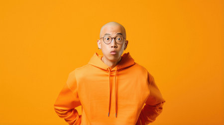 Asian man in glasses with surprised facial expression on isolated orange background.の素材