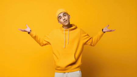 Young handsome man wearing yellow sweatshirt over isolated yellow background smiling and looking at the camera with open arms hands.の素材