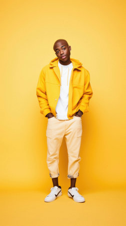 Full body photo of handsome young man wear yellow jacket looking empty space isolated over yellow color background.の素材