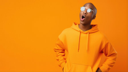 Young handsome african american man wearing casual orange hoodie looking surprised.の素材