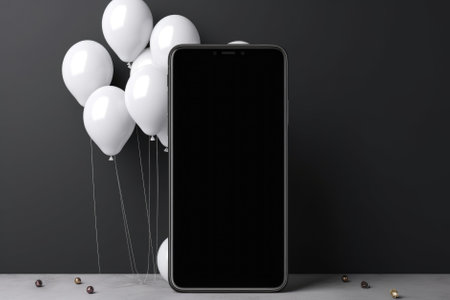 Black smartphone with balloons on white background.の素材
