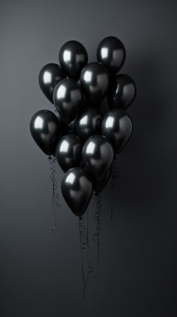 Black balloons with silver heart shape on a black background. 3 d render.の素材