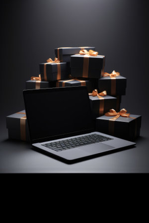 Laptop and gift boxes on a black background. 3 d render.の素材