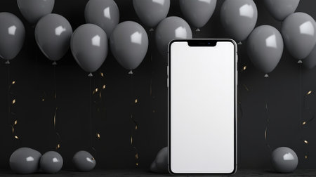 Blank black smartphone screen and balloons on white background.の素材