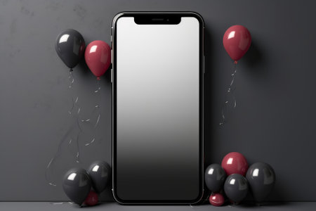 Black smartphone mockup. black balloons and blank screen. 3 d render.の素材