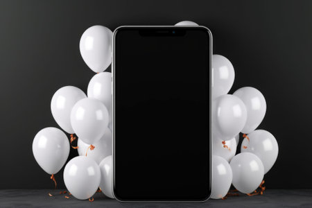 Smartphone with balloons. online shopping, online sale, promotion, promotion, advertising. 3 d rendering.の素材