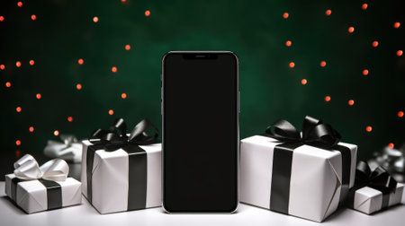 Black christmas gift box on the background of the red color with a christmas tree.の素材