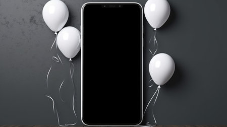 Blank black screen with smart phone balloons and confetti.の素材