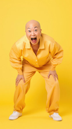 Asian man in yellow shirt and pants with funny smile, isolated over white background.の素材