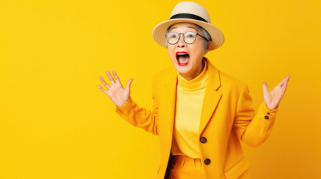 Young beautiful woman wearing yellow coat and hat and glasses celebrating crazy and amazed for success with arms raised and eyes. screaming excited. winner concept.の素材