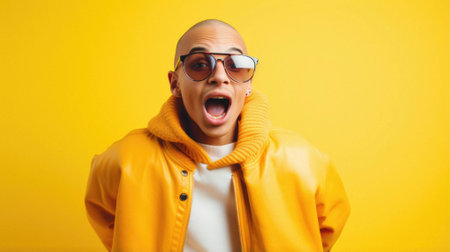 Young african american man wearing sunglasses and yellow jacket angry and mad screaming shouting excited.の素材