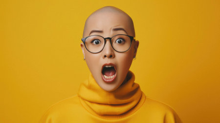 Surprised asian young girl with big glasses on yellow background.の素材