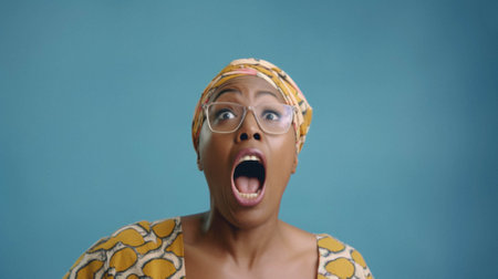 Shocked african woman in glasses and scarf screaming on grey background.