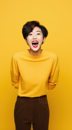 Portrait of asian woman wearing a yellow t - shirt and black jeans, with her hands on her face, looking surprised at camera.の素材