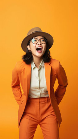Young beautiful chinese woman wearing orange hat and coat standing over orange background screaming screaming with victory victory and success very excited, raised arms and raised concept.の素材
