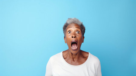 Senior pretty afro woman looking happy, surprised and surprised, excited with open mouth.の素材