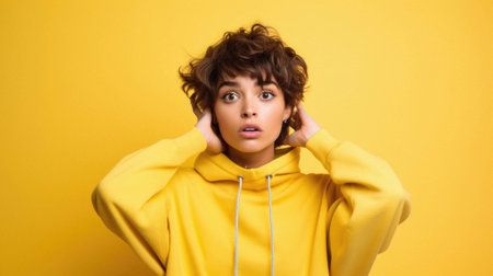 Young woman wearing casual yellow sweatshirt with surprise face.の素材