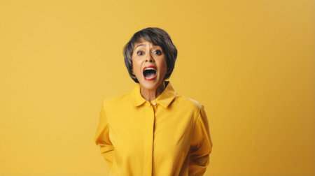 Excited senior woman in yellow dress.の素材