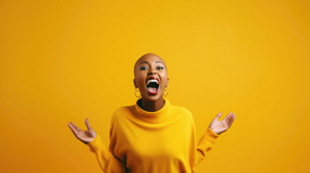 Young beautiful african american woman wearing casual yellow turtleneck standing over pink isolated background shouting with mad shouting and frustrated with hands on mouth. hands.の素材
