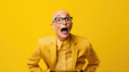 Amazed man with glasses and surprise on a yellow background, surprise concept.の素材