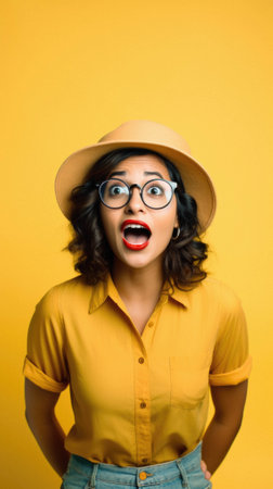 Young beautiful hispanic woman wearing glasses and hat over isolated background afraid and shocked with surprise expression, fear and excited face.の素材