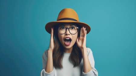 Young beautiful chinese woman wearing casual clothes and hat shouting screaming loud to mouth with hand on mouth, communication and rage concept.の素材