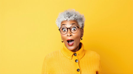 Beautiful african american woman wearing glasses and yellow jacket sticking tongue out happy with funny expression.の素材