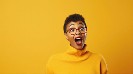 Excited african american woman in eyeglasses celebrating success isolated on yellow studio background, excited excited young lady in casual clothes screaming with open mouth in mouth.の素材
