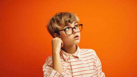 Boy wearing glasses and shirt over orange background looking away thinking.の素材