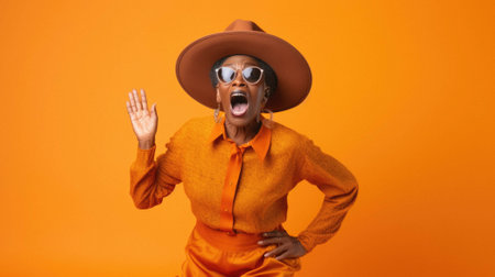 Black african american woman in orange hat and sunglasses screaming screaming and shouting with victory.の写真素材