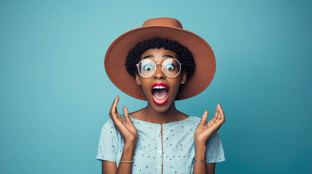 Beautiful african american woman wearing casual hat with sunglasses afraid and shocked with surprise expression, fear and excited face.の素材