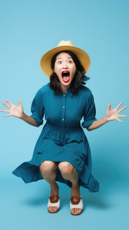 Full length of asian woman in hat with blue hat.の素材