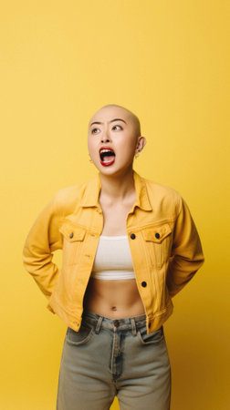 Beautiful asian woman with short hair and denim jacket with yellow background in studio.の素材