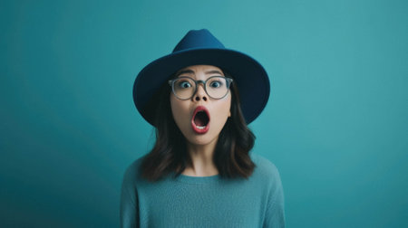 Young beautiful brunette woman wearing blue hat and glasses and blue sweater over blue background afraid and shocked with surprise expression, fear and excited face.の素材