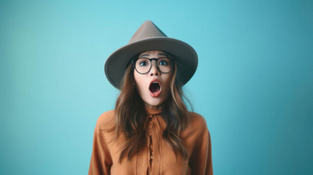 Young beautiful woman wearing blue sweater and hat standing over blue background afraid and shocked with surprise expression, fear and excited face.の素材