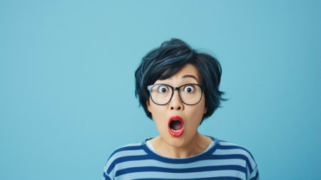Young asian woman wearing blue sweater and glasses over isolated blue background afraid and shocked with surprise expression, fear and excited face.の素材