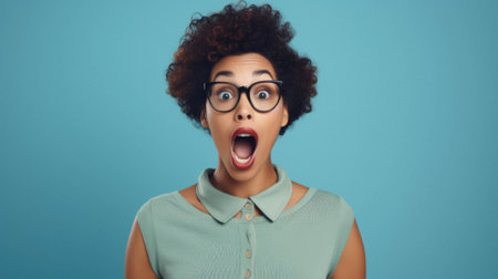 Young woman with blue hair and glasses looking shocked and surprised, surprised and amazed with open hands open.の素材